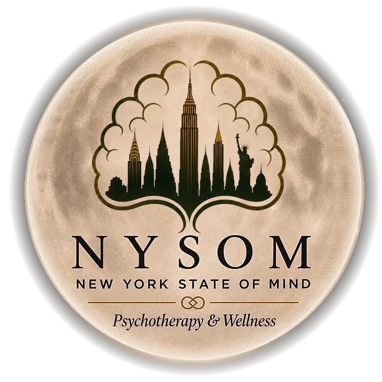 New York State of Mind emblem: a full moon over the New York City skyline with the Statue of Liberty