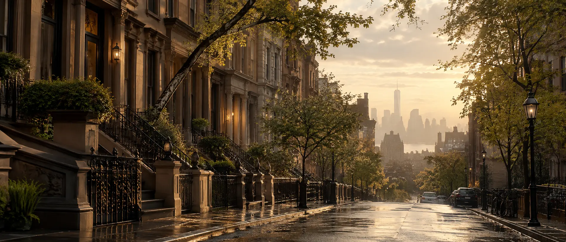 A quiet New York brownstone street in warm morning light after rain