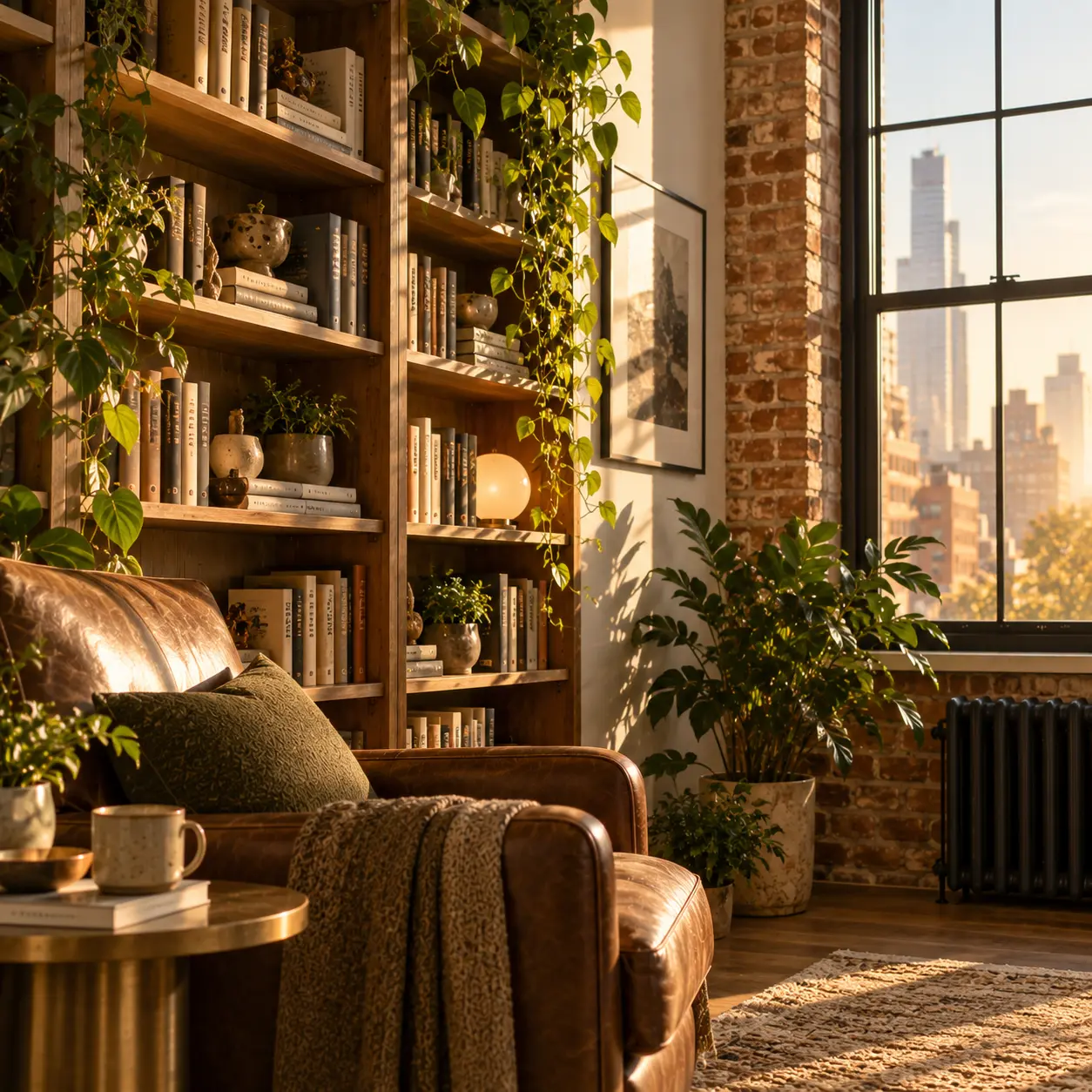 A warm New York psychotherapy office with exposed brick, bookshelves, and a leather chair