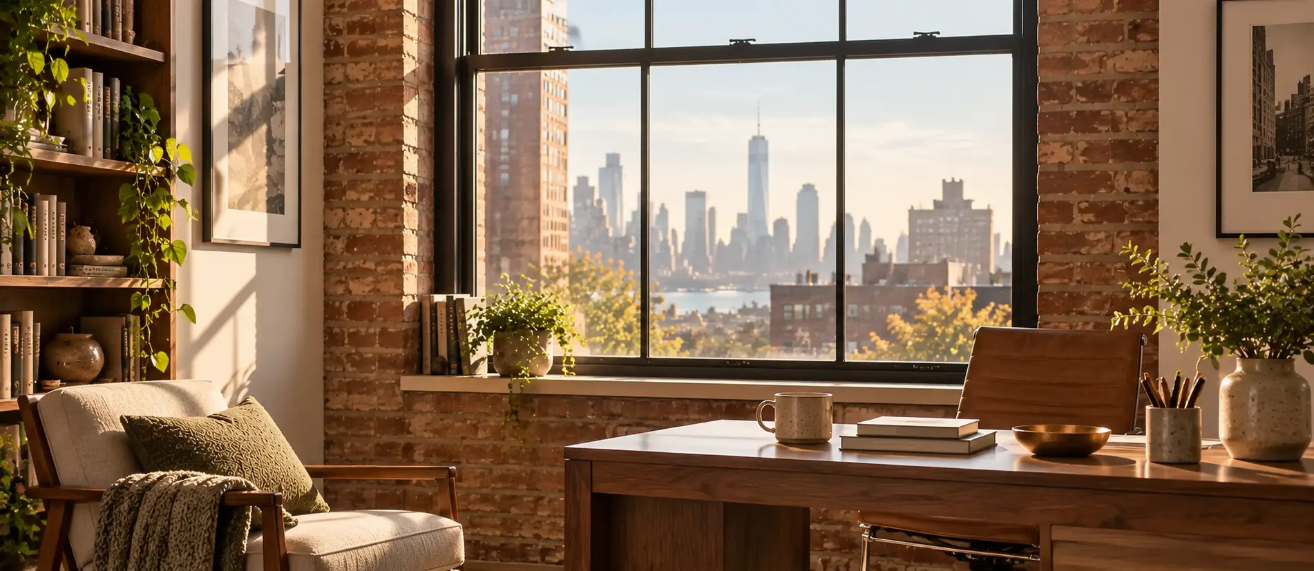 Sunlit New York office with exposed brick, a writing desk, and skyline views