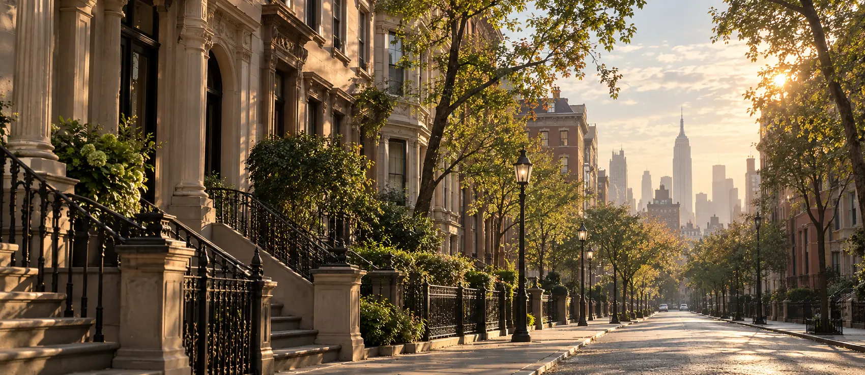 Sunlit New York brownstone street with the Empire State Building in the distance