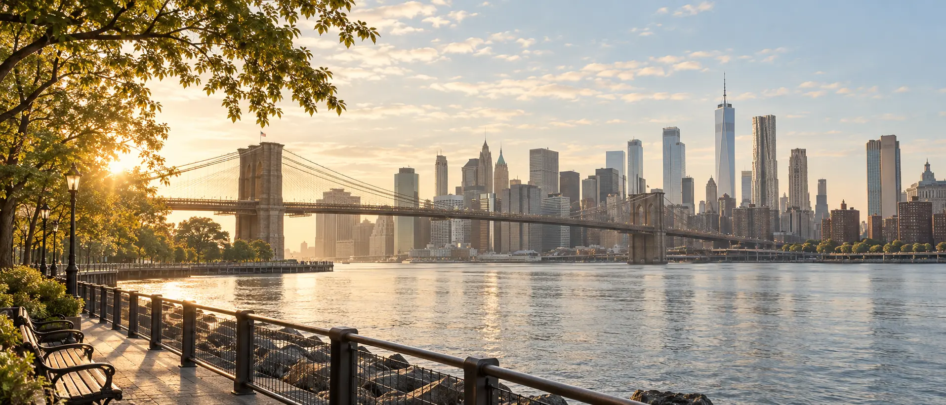 Morning light over the Brooklyn Bridge and Lower Manhattan from the waterfront